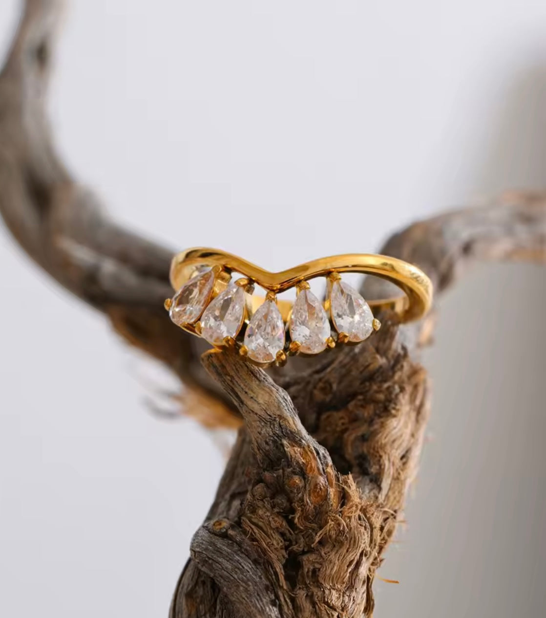 Gold Teardrop Crystal Crown Ring