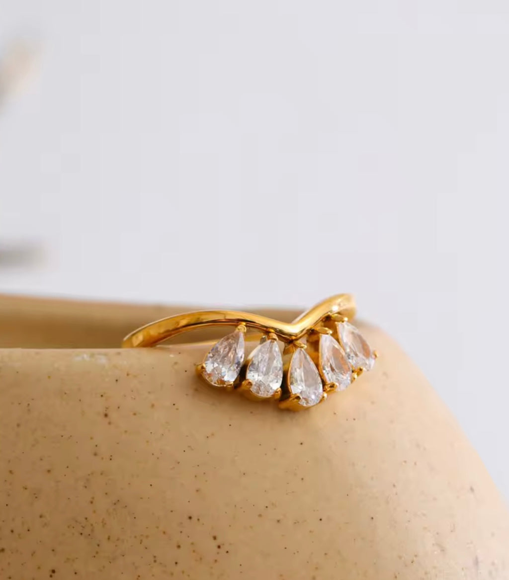 Gold Teardrop Crystal Crown Ring