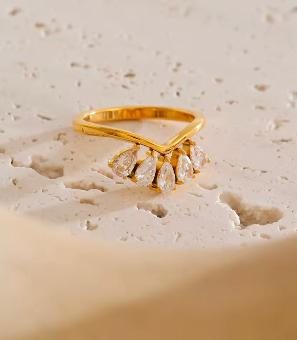 Gold Teardrop Crystal Crown Ring