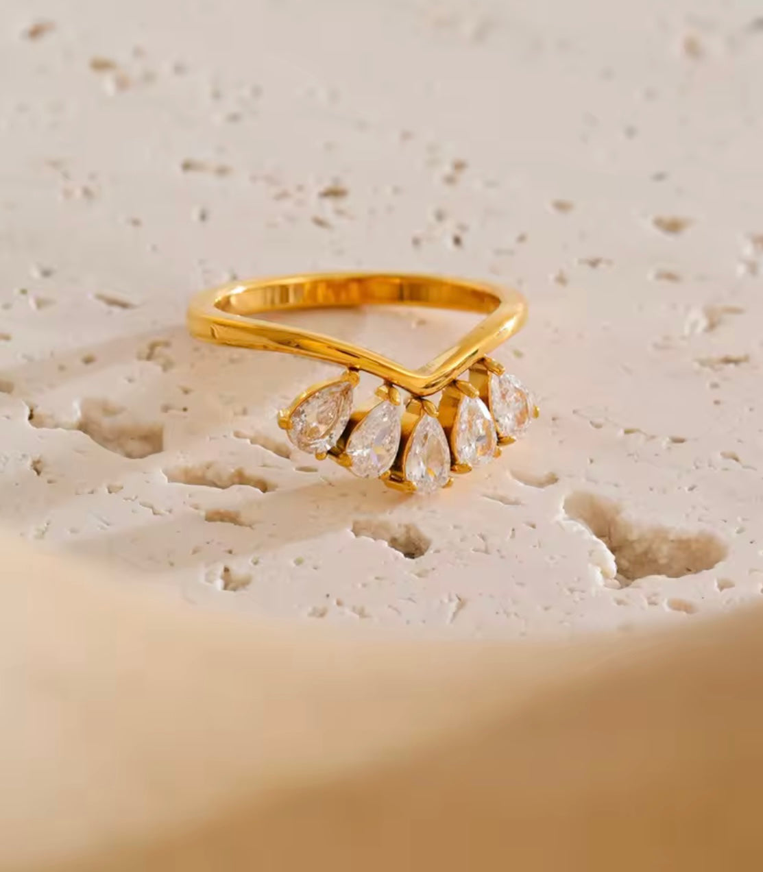 Gold Teardrop Crystal Crown Ring
